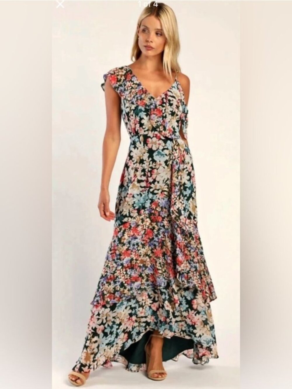 NWOT Lulus Radiant Hunter Green Floral Print Chiffon Maxi Dress Large